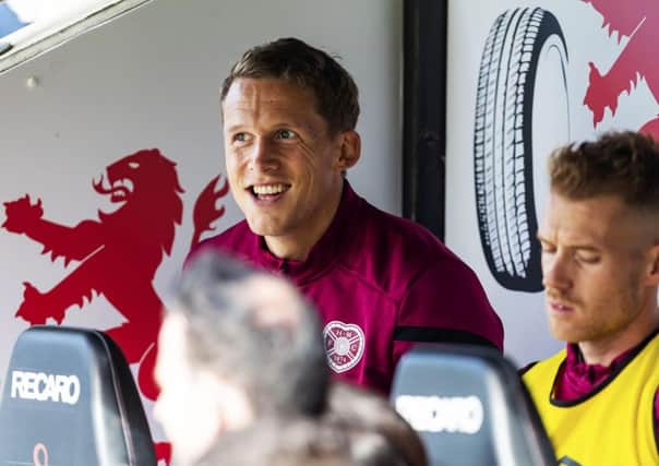 Hearts captain Christophe Berra was named a substitute for Saturdays clash with St Mirren, although he was quickly called into action. Pic: SNS