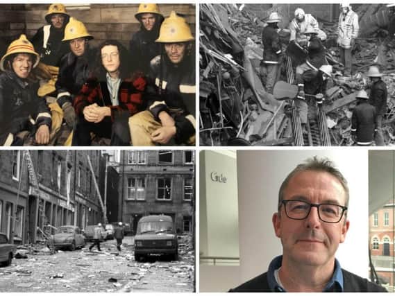 Martin Baptie now, and with the firemen who rescued him a year on from the blast. Other pictures show the firefighters who were brought in to search for survivors.