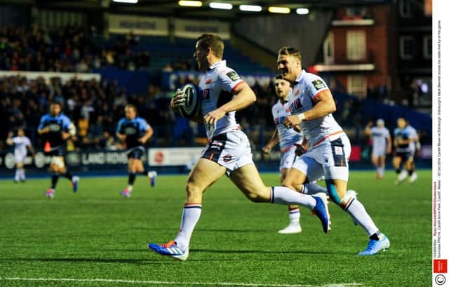 Mandatory Credit: Photo by Ryan Hiscott/INPHO/Shutterstock (10436936bo)
Cardiff Blues vs Edinburgh. Edinburgh's Mark Bennett scores his sides first try of the game
Guinness PRO14, Cardiff Arms Park, Cardiff, Wales  - 05 Oct 2019