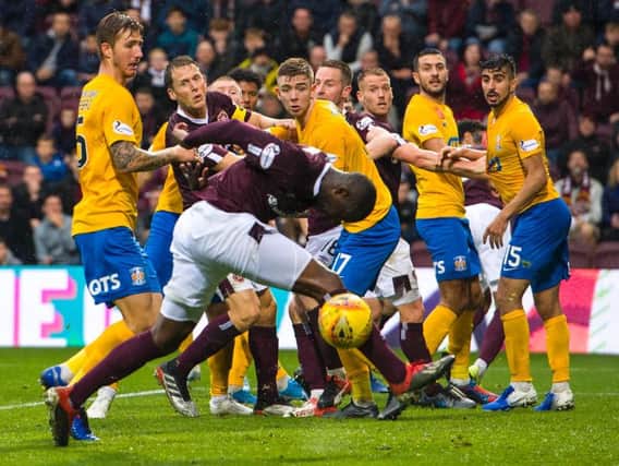 Clevid Dikamona misses a chance during Hearts' 1-0 defeat to Kilmarnock at Tynecastle. Picture: SNS
