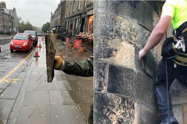 Stills from videos made by stonemasons working on dangerous Edinburgh buildings.