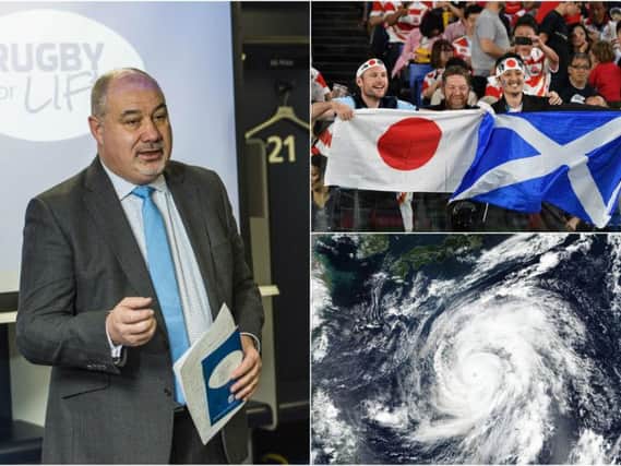 SRU chief Mark Dodson (left), fans at the Japan-Scotland clash and a satellite image of Typhoon Hagibis