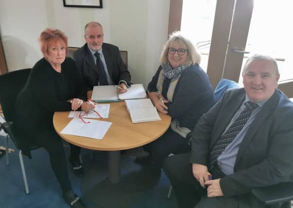 Christine Grahame MSP (left) meeting with (L-R) Ged McEaeany, Anne Pinkman and Philip Dunion of Track2Train.