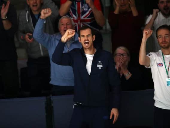Andy Murray cheers on his British team-mates during the Davis Cup. Picture: Getty