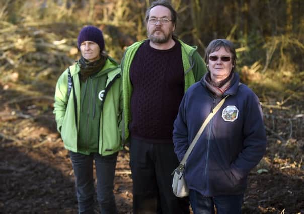 Pic Lisa Ferguson 09/12/2019. Local residents Daya Feldwick, Mark Turner and Helen Kirkness, who are angry at the felling of trees by Taylor Wimpey to build new homes.