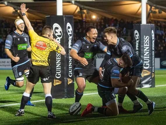 Ali Price celebrates his try at Scotstoun during an exciting end to the 1872 Cup win over Edinburgh. Picture: SRU/SNS