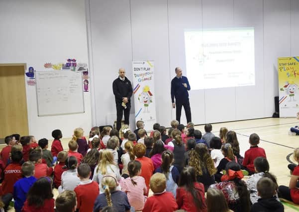 Pic - Greg Macvean - Adam Smith (Senior Site Manager) & Stewart Ponton (Safety, Health and Environment Manager for Barratt Developments PLC) delivering the site safety presentation to Paradykes Primary Pupils.