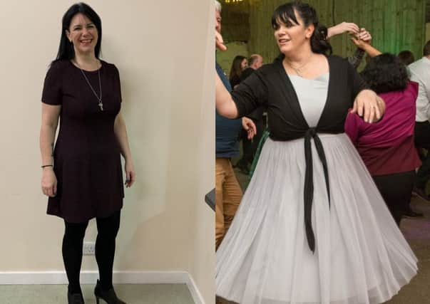 Sam Currie from Penicuik, pictured after she lost four stone (left) and before (right). Before photo by Polina Schapova.