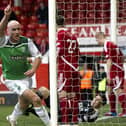 Sean OHanlon celebrates making it 2-0 to Hibs at Pittodrie from a Leigh Griffiths corner kick